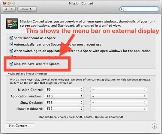 Show the menu bar on external displays in Mac OS X