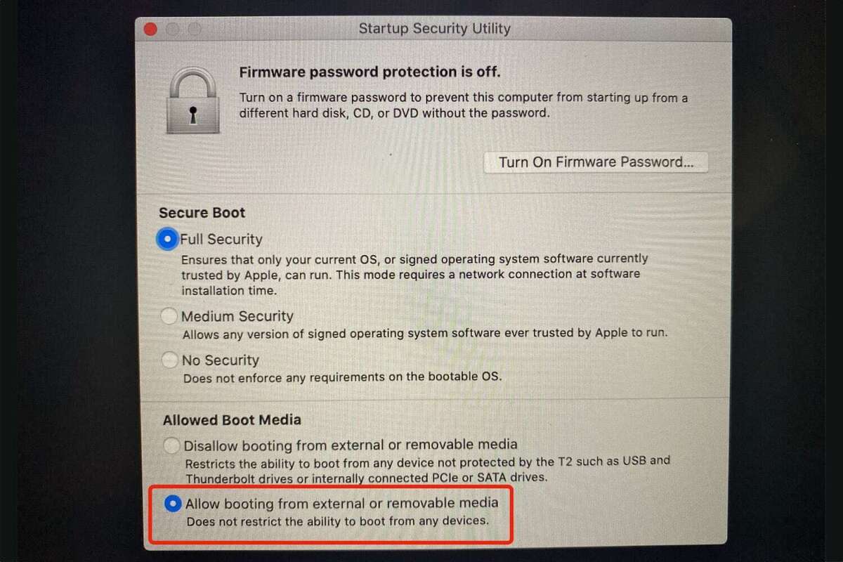 startup security utility allow external boot