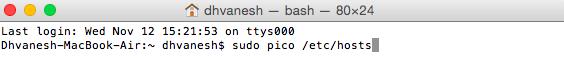 sudo pico etc hosts command in Mac