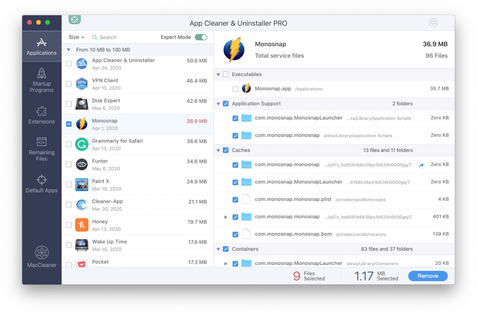 Remove application support files App Cleaner & Uninstaller showing apps support files