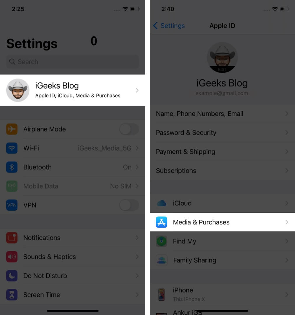Tap on Apple ID and Then Tap on Media and Purchases in Settings on iPhone