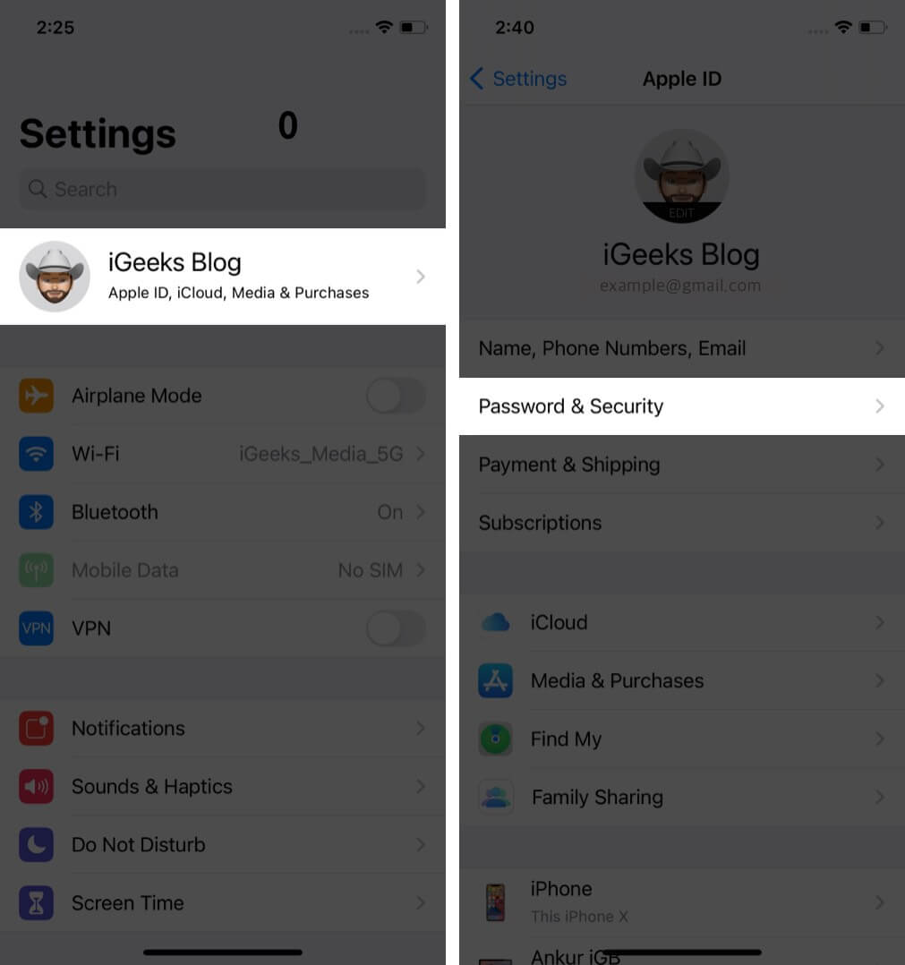 Tap on Apple ID and Then Tap on Password & Security on iPhone