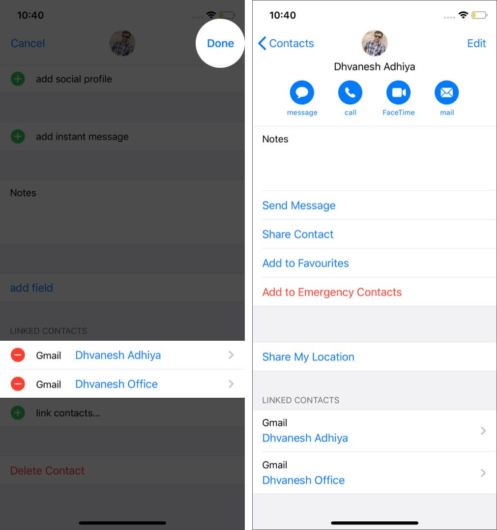 tap on done to link duplicate contacts on iphone