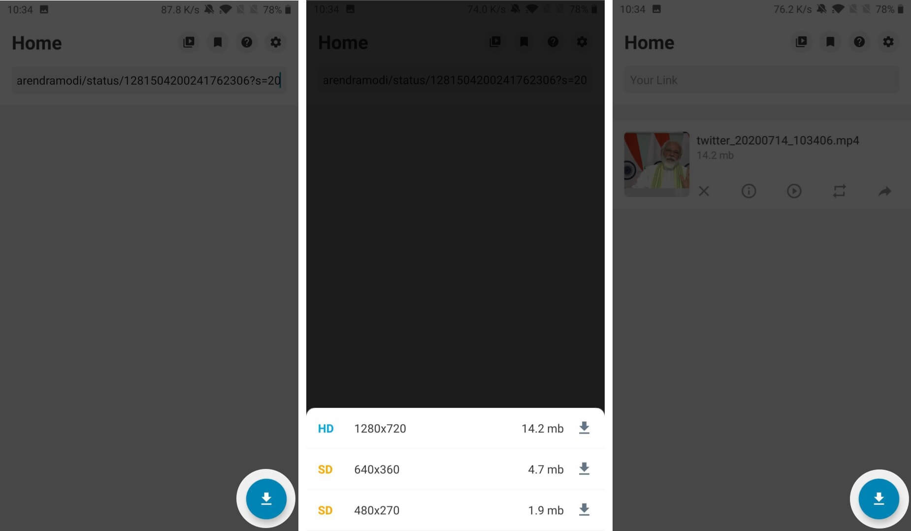 tap on download and choose video quality to download twitter video on android device