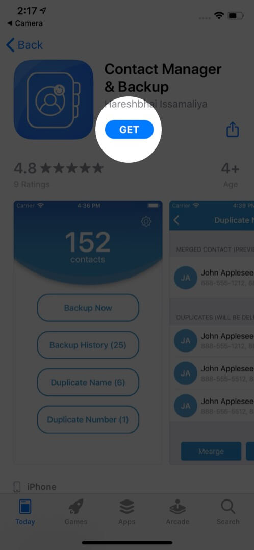 tap on get to download duplication contact remover from app store on iphone