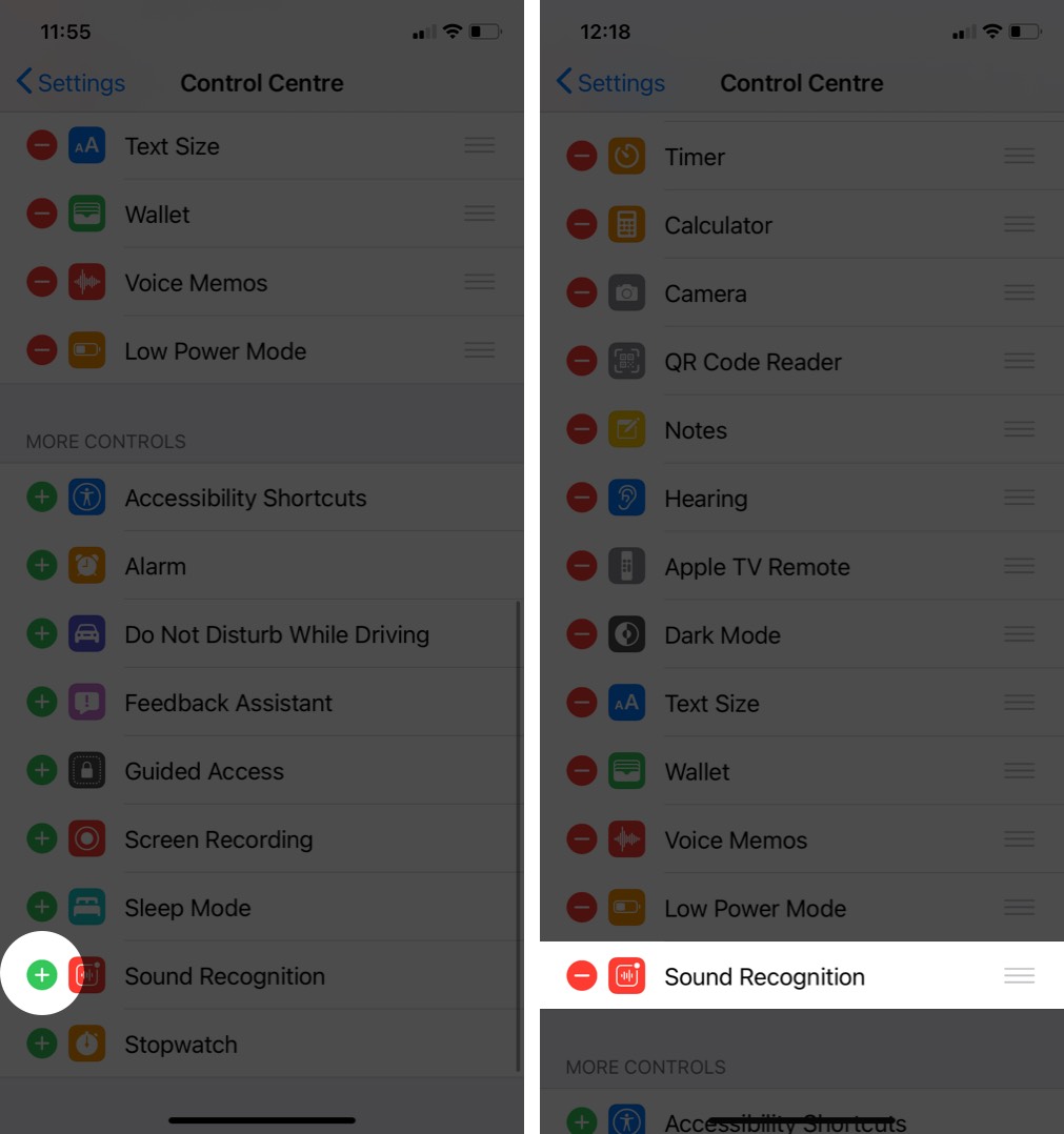 tap on green plus button to add sound recognition to control center