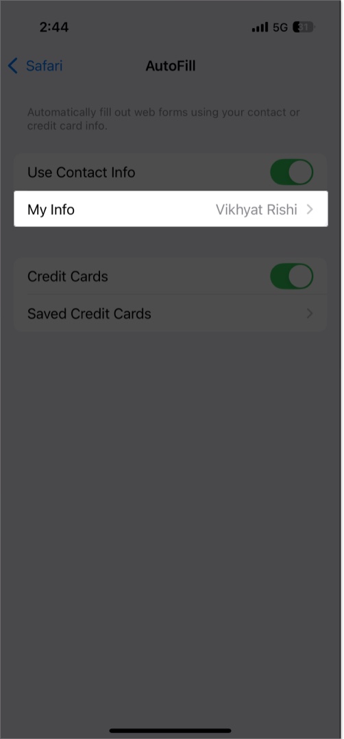 Apple Pay Keeps Asking to Update Shipping Contact Heres How to Fix It Accessing the My Info page under Safari AutoFill settings on an iPhone