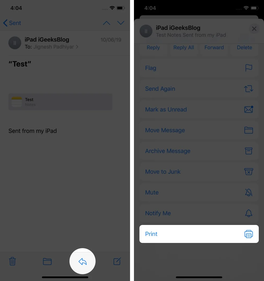 tap on reply and choose print in mail app on iphone