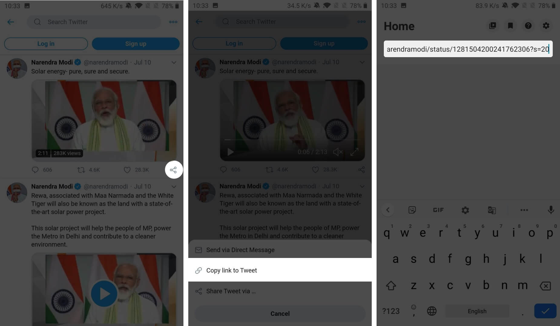 tap on share and select copy to link to tweet and paste it into download twitter videos app
