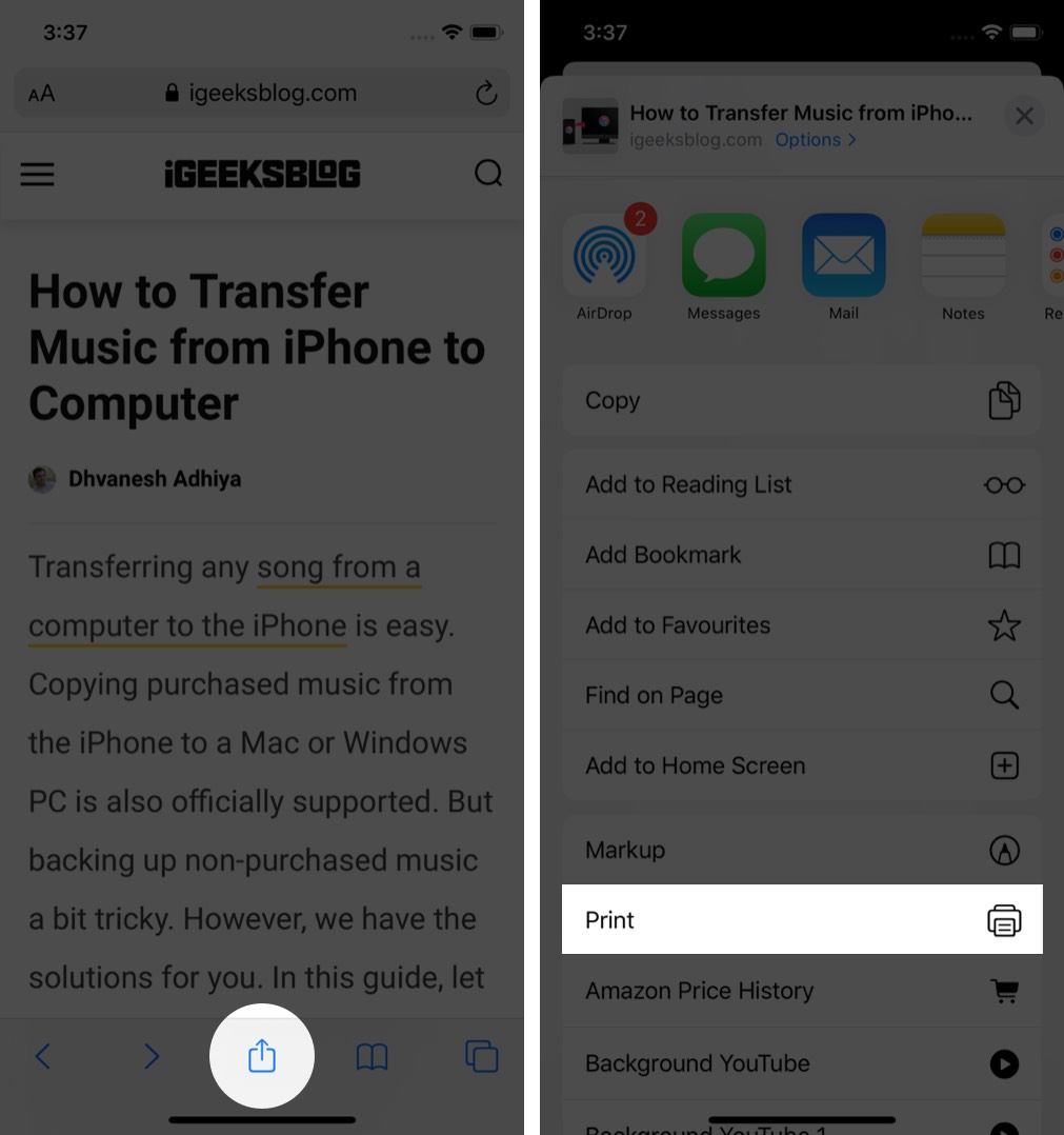tap on share and tap on print in safari on iphone