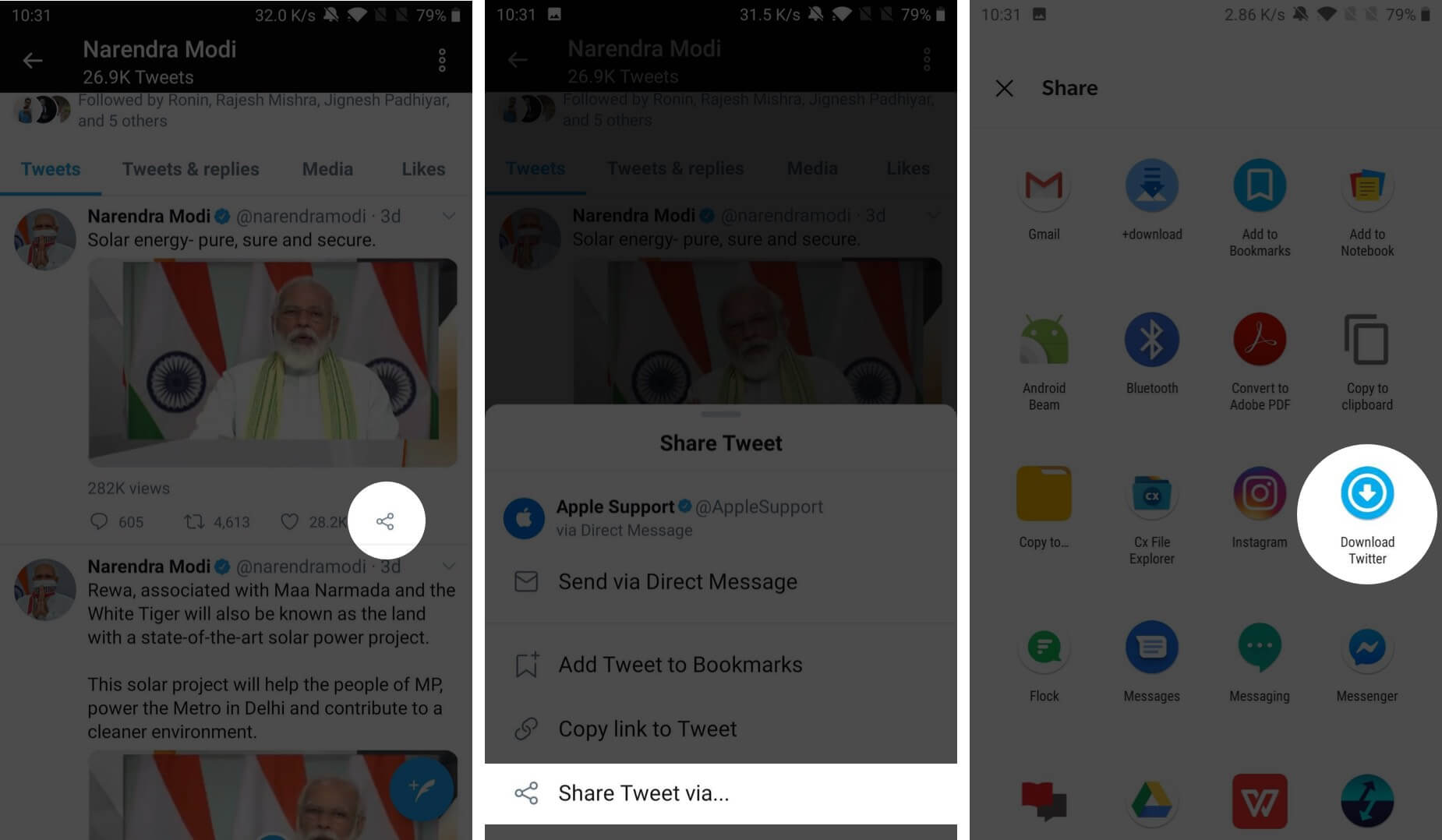 tap on share select share tweet via and then tap on download twitter on android device