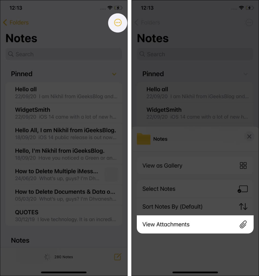 Tap three dots inside a circle icon and Tap View Attachments