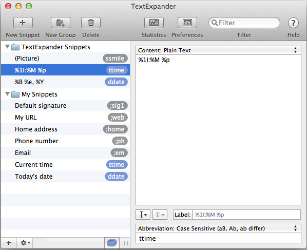 TextExpander Window Showing Snippets