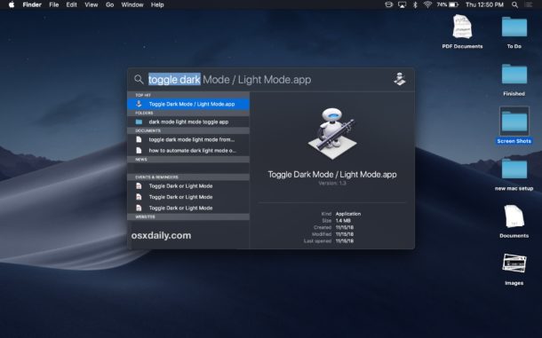 Toggle Dark Mode or Light Mode from Spotlight on Mac