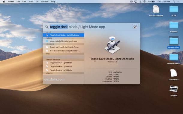 How to Toggle Dark Mode on or off from Spotlight on Mac
