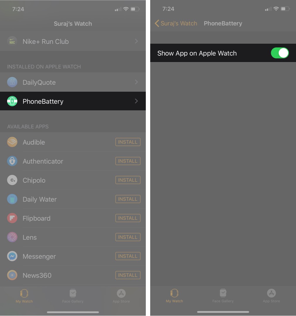 turn on show app on apple watch to view installed app