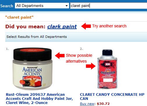 Amazon suggests related searches and products that closely match your search to keep you from leaving.