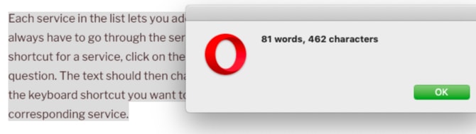 Output of word counter service in Opera on macOS